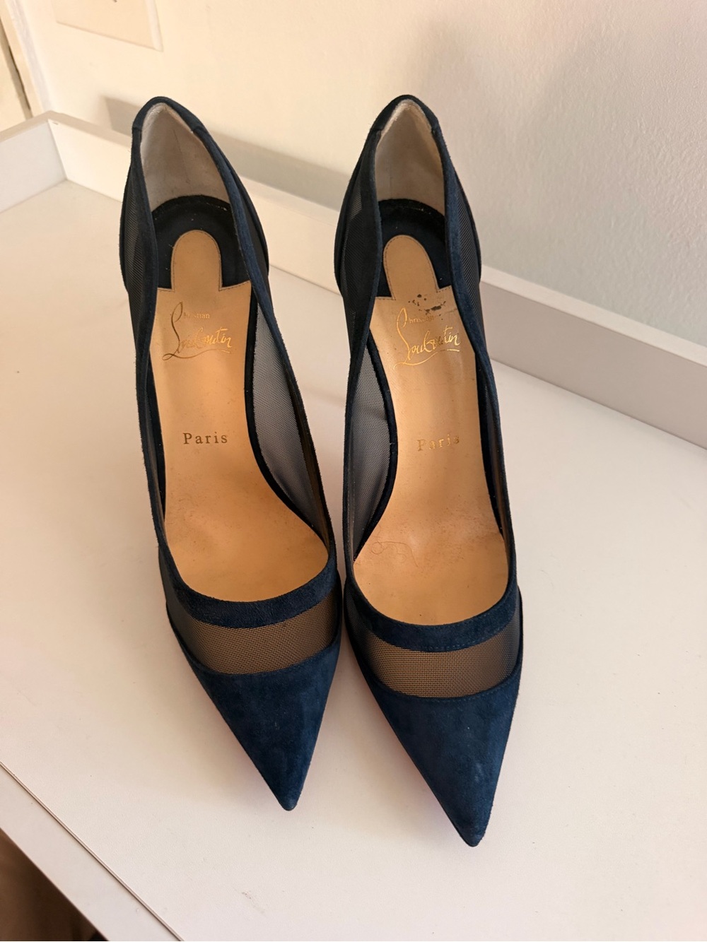Christian Louboutin Galativi Navy Suede and Mesh Pointed Pump - Picture 2 of 7